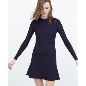 Zara Knit Navy Long Sleeve Fit & Flare Mini Dress Size Medium